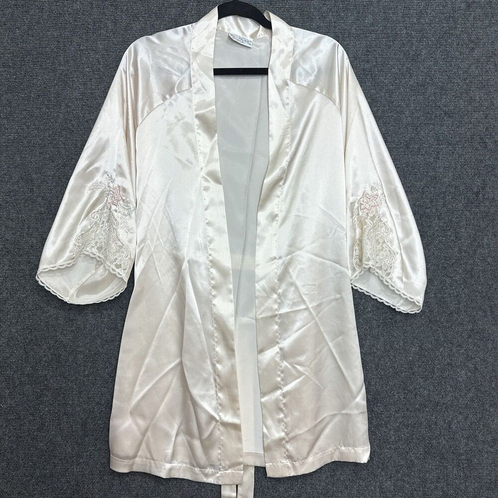 Vintage Val Mode Satin Robe Womens M Champagne Lace Embroidery Floral Ethereal